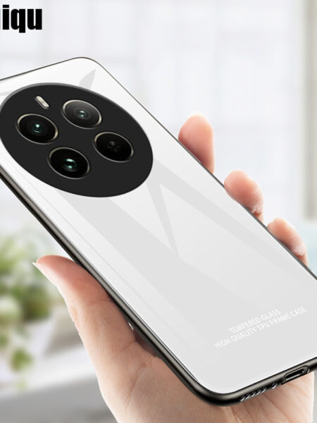 Biruiqu For Realme 12 Pro / Realme 12 Pro + Shockproof Tempered Glass Back Soft Silicone Edge Black Case Cover Casing