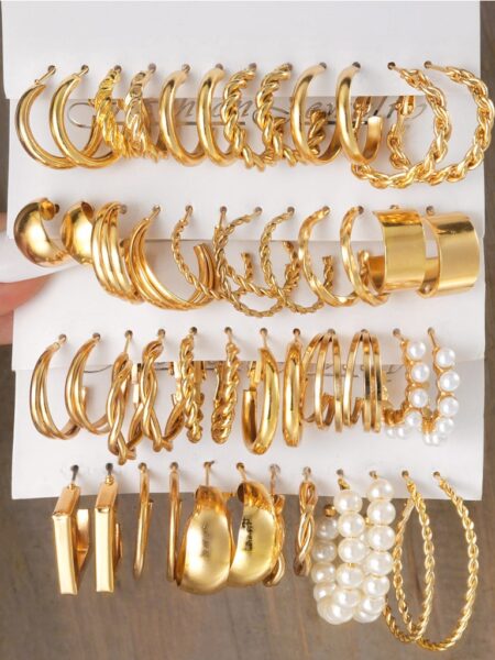 Enacolor 24 Pairs Retro Twists Metal Geometric Shaped Square Pearl Earrings Set for Accessories Jewelry New Ins 2024