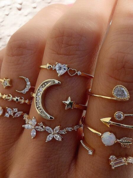 Enacolor 9Pcs/Set Exquisite Moon Flower Set Rings Luxury Zircon Crystal Metal Ring Jewelry Accessories