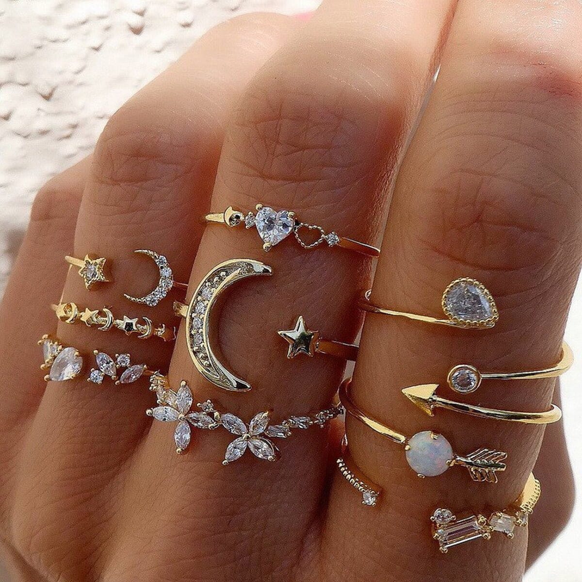 Enacolor 9Pcs/Set Exquisite Moon Flower Set Rings Luxury Zircon Crystal Metal Ring Jewelry Accessories