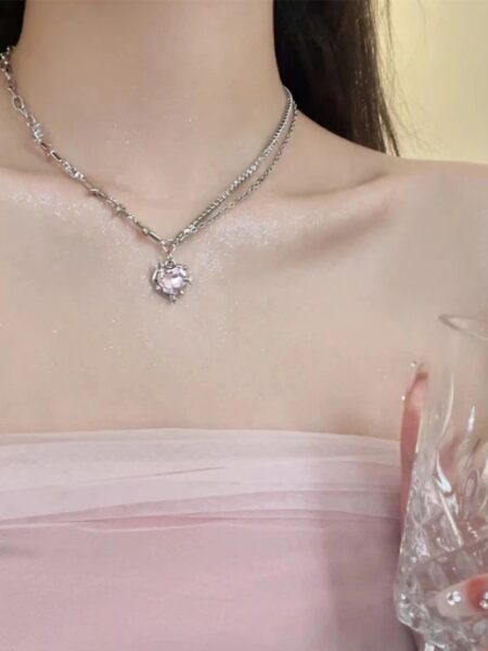 Enacolor Luxury Crystal Fashion Pink Heart Necklace for Women Girl Party Accessories