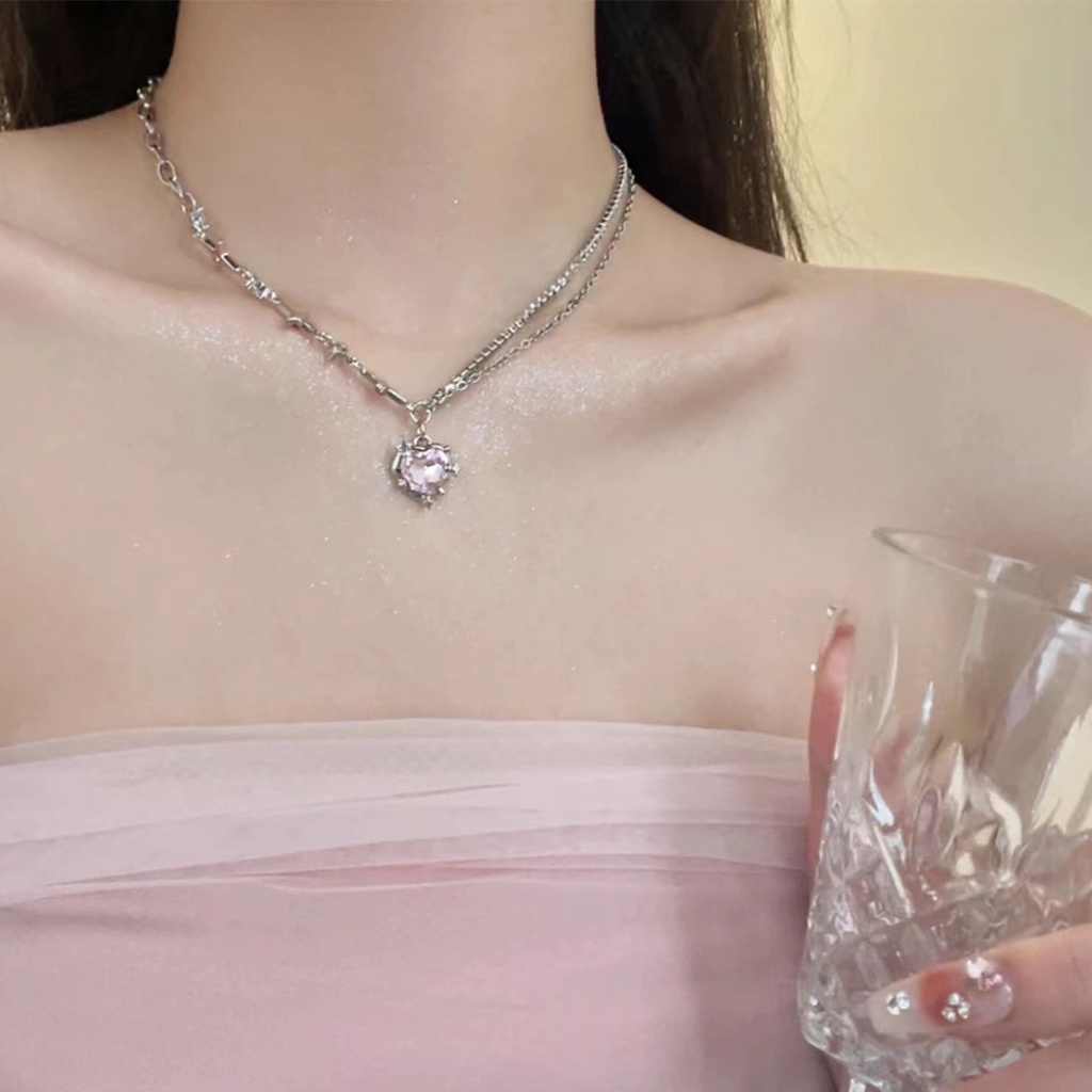 Enacolor Luxury Crystal Fashion Pink Heart Necklace for Women Girl Party Accessories