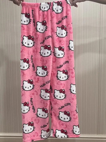 Sanrio Hello Kitty Anime Y2k Kawaii Flannel Pajamas Women'S Warm Woolen Cartoon Casual Home Pants Autumn Winter Fashion Trousers
