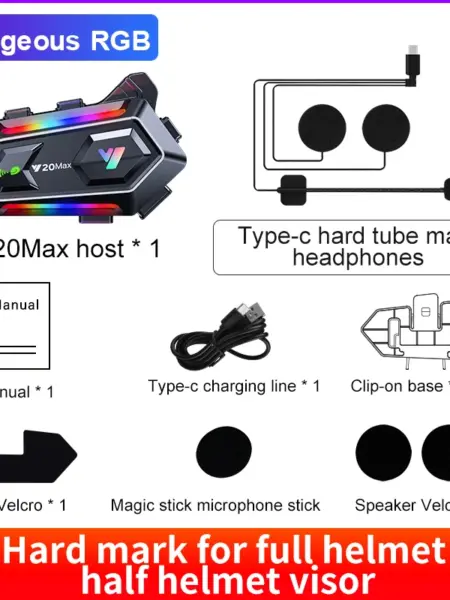 Y20 MAX Motorcycle Helmet Bluetooth Headset Intercom RGB Colorful Light Effect V5.3 1000mAh Battery With Mixing IPX6 Waterproof