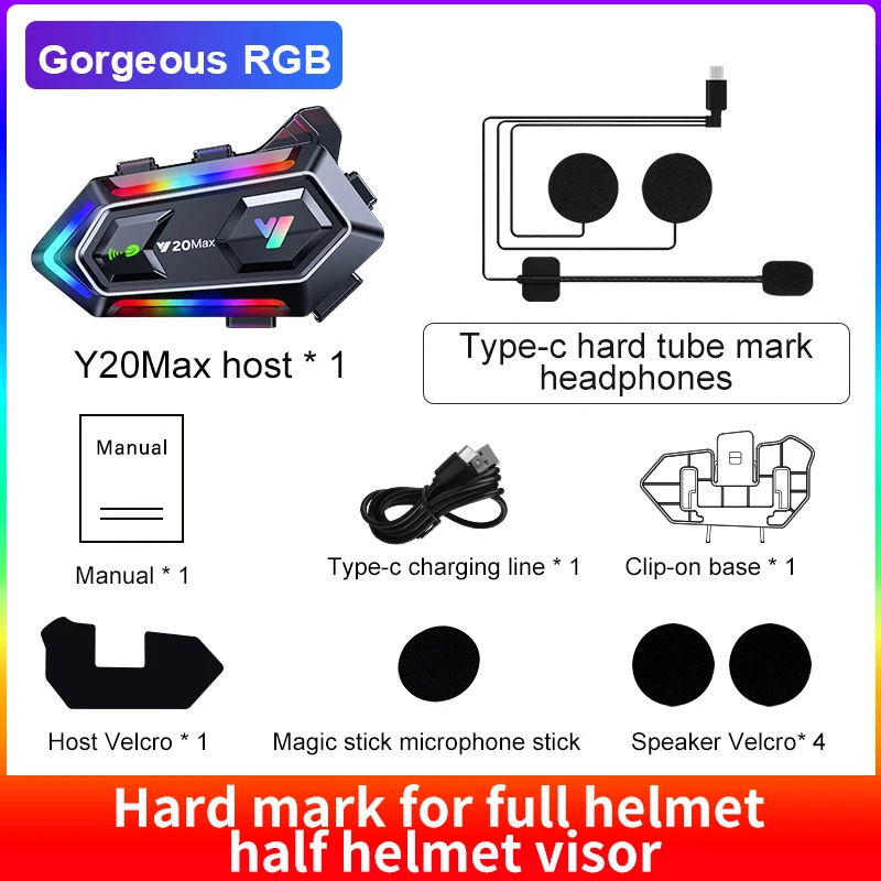 Y20 MAX Motorcycle Helmet Bluetooth Headset Intercom RGB Colorful Light Effect V5.3 1000mAh Battery With Mixing IPX6 Waterproof