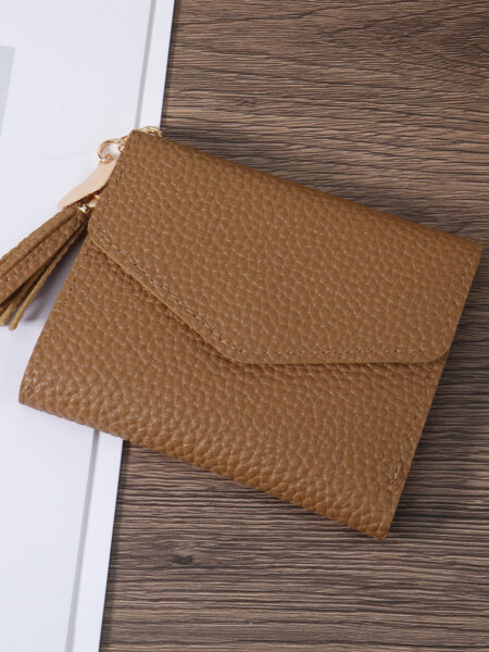 New women's folding wallet with tassel decoration, high-quality PU leather credit card storage bag, simple and casual multi card