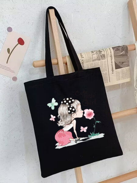 Girls Flower Heart Canvas Travel Tote Bag Fashion Shopper Bags College Students Retro Shoulder Bag Large Capacity Kids Handbag