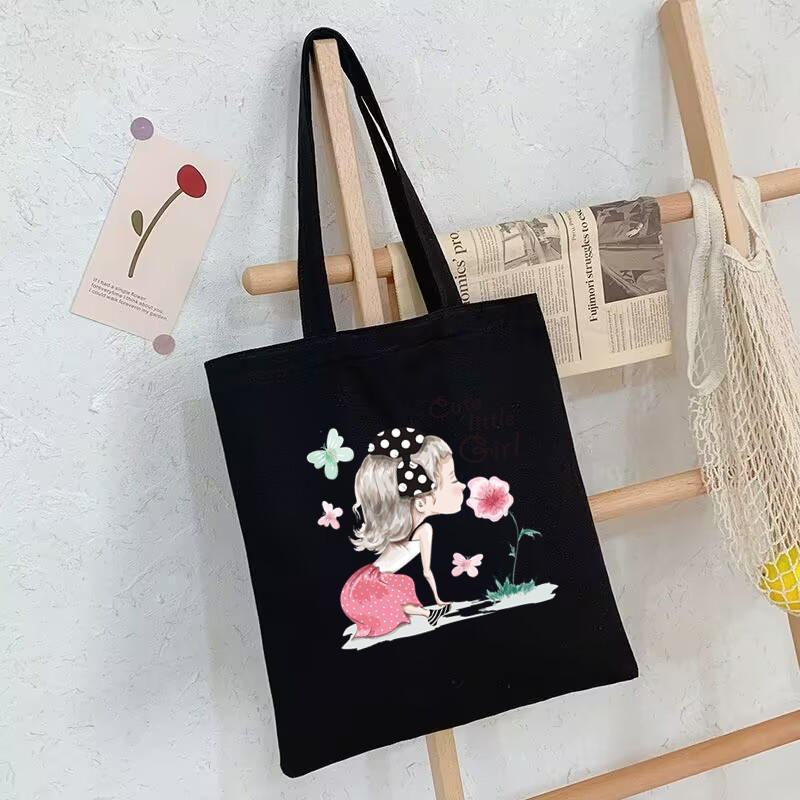 Girls Flower Heart Canvas Travel Tote Bag Fashion Shopper Bags College Students Retro Shoulder Bag Large Capacity Kids Handbag