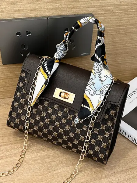 The Trendy Ladies Bags Are Fashionable and Casual, with Dot Print, Lock Buckle, Chain, Scarf, and Crossbody Small Square Bag