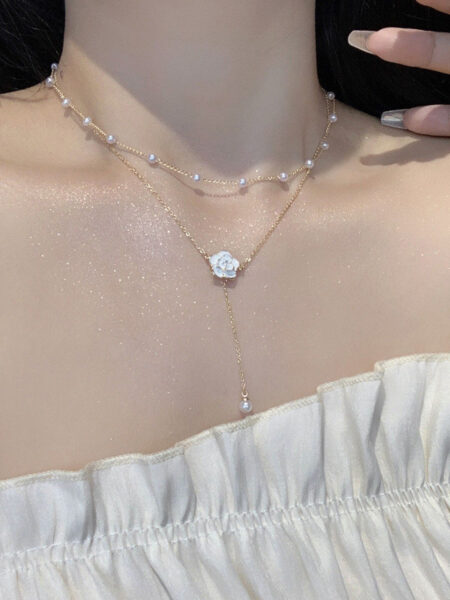 Enacolor Double Camellia Necklace Pearl Fringe Clavicle Chain for Women Ins Girl Accessories New