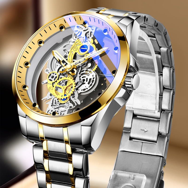 Fully Automatic Mechanical Watch for Men's Watch Double Sided Transparent Hollow Waterproof and Luminous Quartz Watch for Men