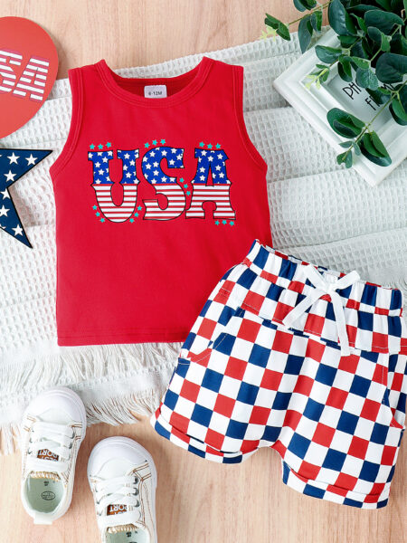 2PCS Summer 0-4 Years Old Trend Fashion Children Universal Comfortable Soft Eagle Head +Usa Pattern Vest + Shorts