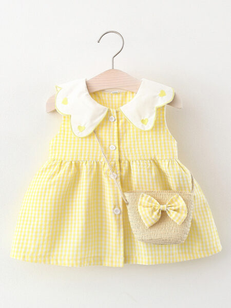 Baby Dress 2024 Summer New Girl's Bow Checkered Dress Children's Fragmented Flower Small Fresh Casual Dress+Bag Children's Wear