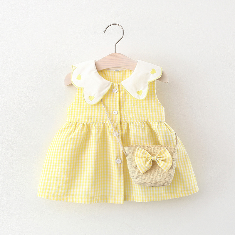 Baby Dress 2024 Summer New Girl's Bow Checkered Dress Children's Fragmented Flower Small Fresh Casual Dress+Bag Children's Wear