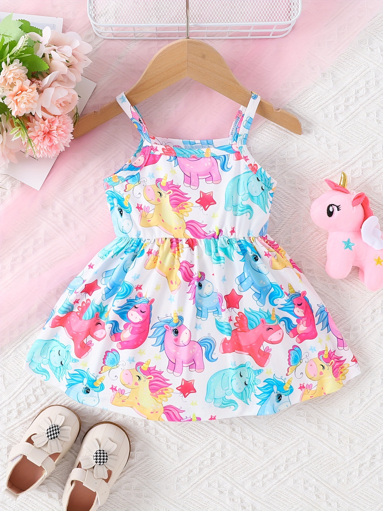 Baby girl summer style camisole cartoon full print waist cinching dress