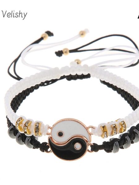 2Pcs Tai Chi Yin Yang Couple Bracelets Necklaces Set Pendant Adjustable Braid Chain Bracelet Matching Lover Bracelets Choker