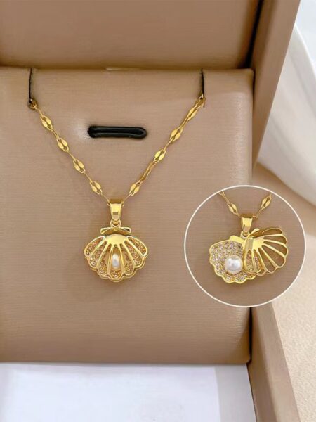 1pc Stainless Steel Micro-Inlaid Shell Faux Pearl Pendant Necklace