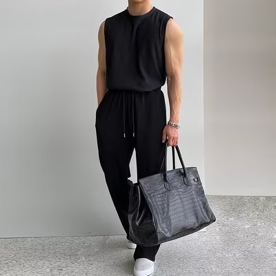 Ice Silk Sports Suit Men's Summer Vest Sleeveless T-shirt Ruffian Handsome High-end Men's Korean Sportswear Two-piece Set