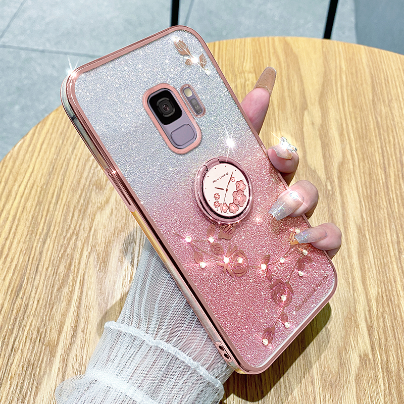 Gradient Glitter Powder Ring Holder Phone Case For Samsung Galaxy S9/S9+ Shockproof Soft Back Cover