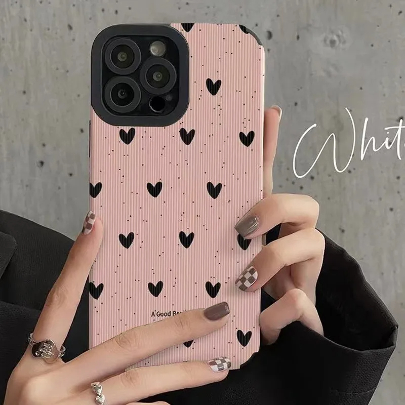 Cute Love Heart Couples Cases For iPhone 11 13 12 14 15 Pro Max Plus Wrinkle Pattern Case Vertical Stripe Zebra Silicone Cover