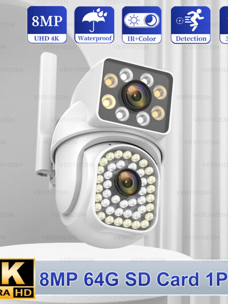 8MP 5G WiFi IP Camera Dual Lens PTZ Outdoor Surveillance Cameras Waterproof Security Human Detection Full Color Night Vision Cam