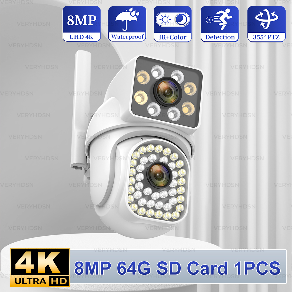 8MP 5G WiFi IP Camera Dual Lens PTZ Outdoor Surveillance Cameras Waterproof Security Human Detection Full Color Night Vision Cam