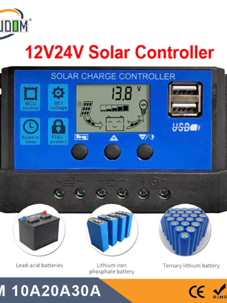 Solar Panel Controller 10A20A30A 12V24V Auto Battery Charge Regulator PWM Controller LCD Dual USB for PV Home