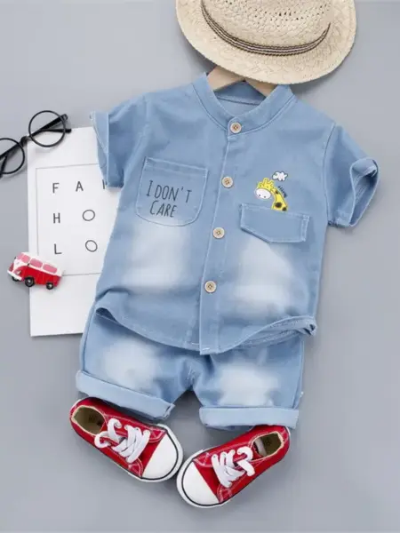 New Summer Baby Boys Denim Clothing Children Casual Short Sleeve Shirt Shorts 2Pcs/Set Kids Sportswear Toddler Fashion Wear