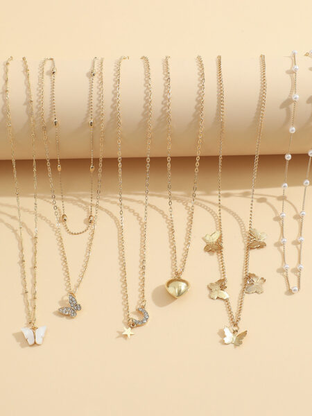 Enacolor 6Pcs/Set Vintage Pearl Metal Butterfly Heart Necklace Pendant for Girl Accessories