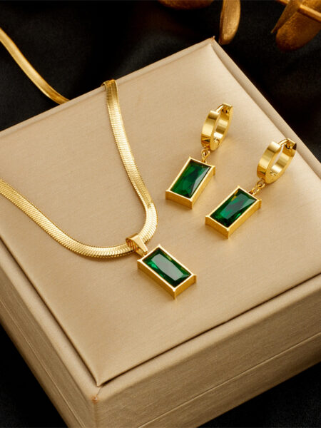 DIEYURO 316L Stainless Steel Square Green Crystal Zircon Necklace Earrings For Women Girl New Fashion Non-fading Jewelry Set