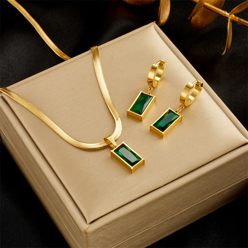 DIEYURO 316L Stainless Steel Square Green Crystal Zircon Necklace Earrings For Women Girl New Fashion Non-fading Jewelry Set