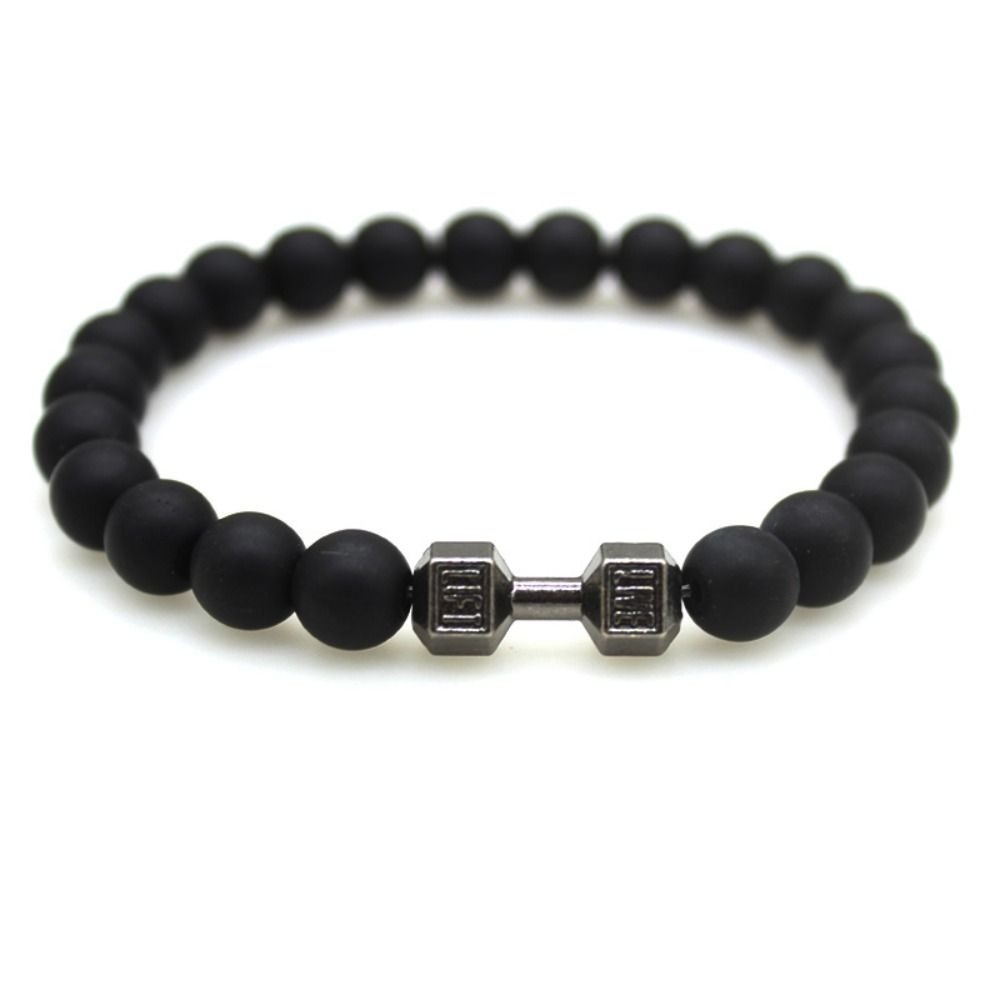2 pcs Sporty High Quality Men Beaded Bracelet Natural Black Lava Stone Fitness Workout Charm Bracelets Fashion Jewelry Accessories Dumbbell Barbell Bracelets