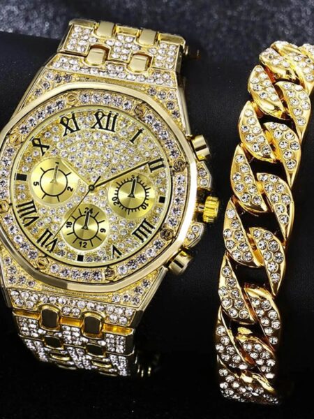 2Pcs Fashion Trend Luxury Luxury Hip Hop Three Eyes Rome Full Of Diamonds British Watch Atmospheric Diamond Bracelet Gift Set