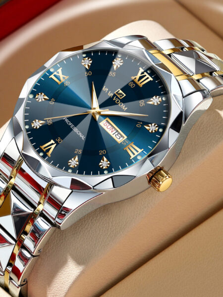 Men Watch Water Diamond Luxury Night Glow Double Calendar Quartz Movement 41mm Blue Gold Stainless Steel Fashion Business Watch