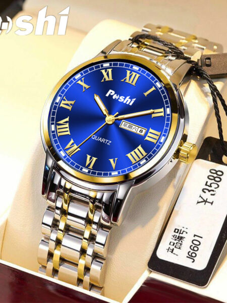 POSHI Stainless Steel Quartz Wrist Watch for Man Luxury Week Date Display Luminous Bracelet Fashion Men's Watch Original Clock