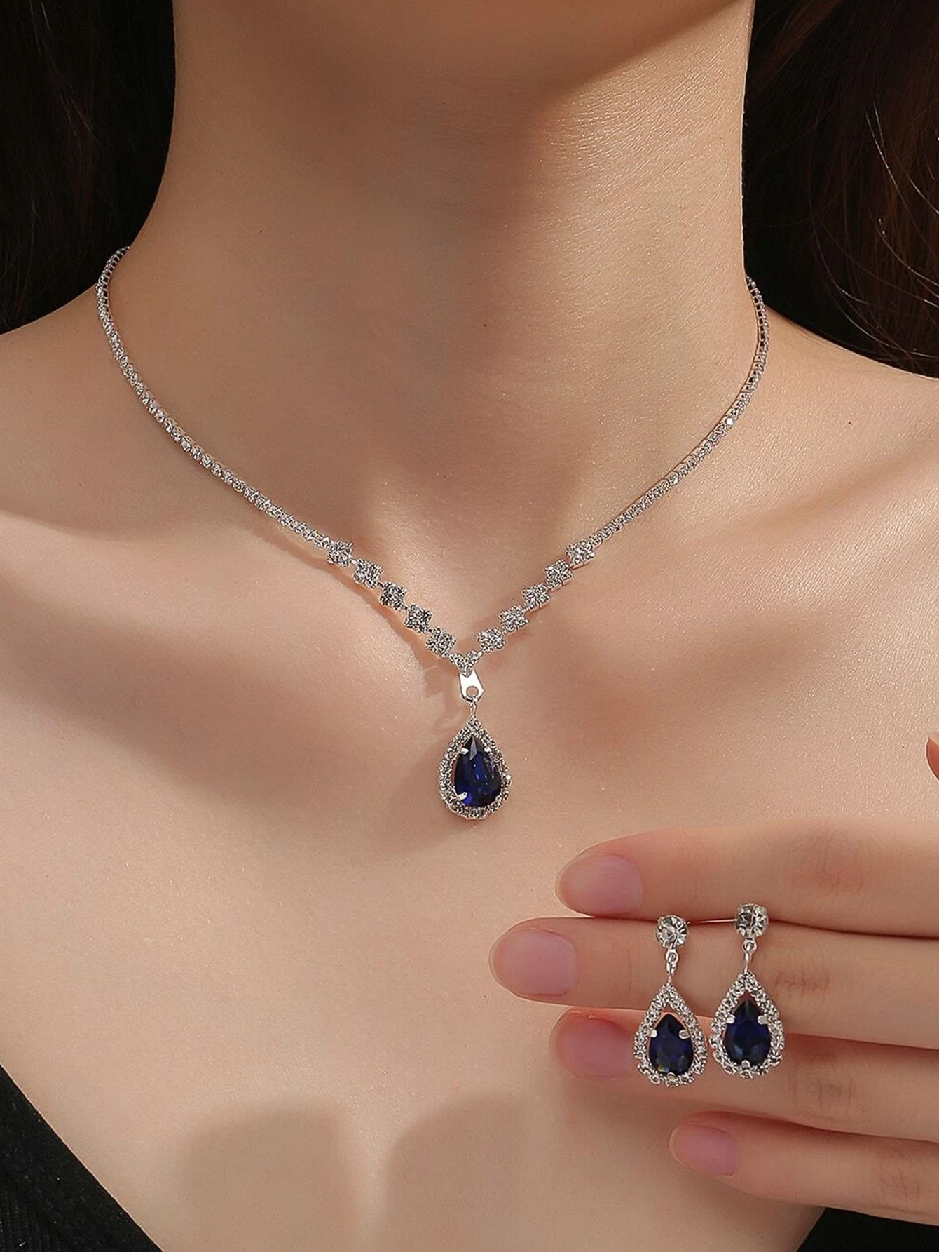 3 Wedding Season Women's Fashion Droplet Necklace and Earring Set Banquet Party Accessories 4055
