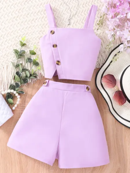 2024 Girls Set 7 8 9 10 11 12 Years Old Summer Minimalist Sleeveless Strap + Shorts Suit Casual Teen Outfit Kids Girl Clothes