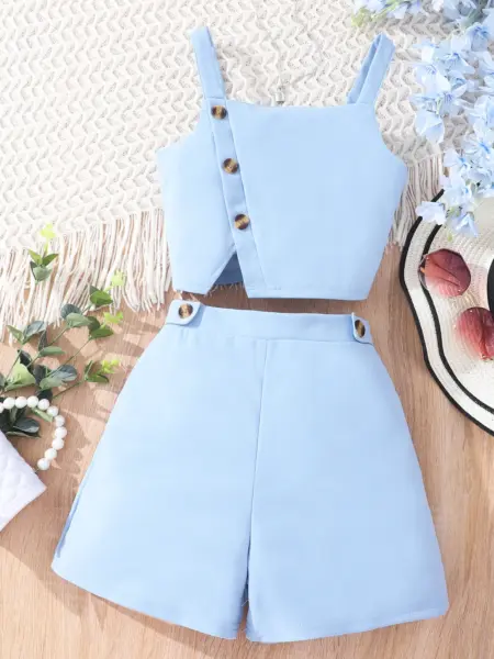 2024 Girls Set 7 8 9 10 11 12 Years Old Summer Minimalist Sleeveless Strap + Shorts Suit Casual Teen Outfit Kids Girl Clothes