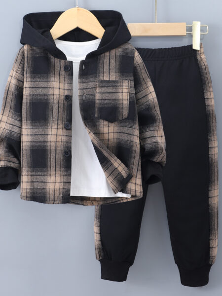 2024 Spring Winter Kids Boy Set 2-Piece Cotton Casual Simple Long Sleeve Hooded coat Checkered Children Suit 3 4 5 6 7 Years Old