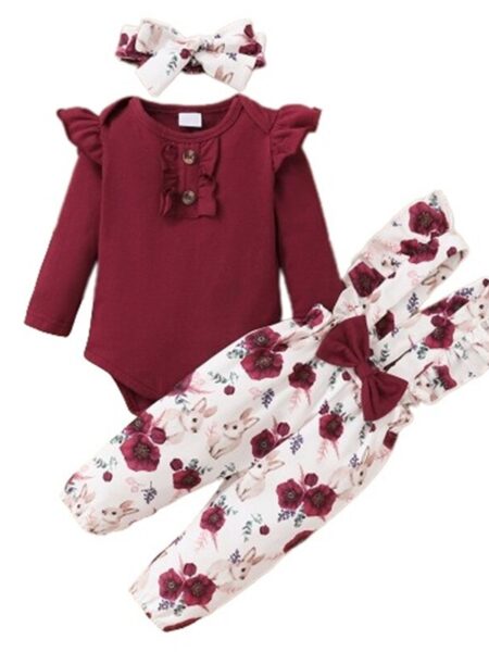 0-24 Months Newborn Baby Girl 3PCS Clothes Set Long Sleeve Romper+Flower Strap Pants+Headband Spring&Autumn Lovely Outfit