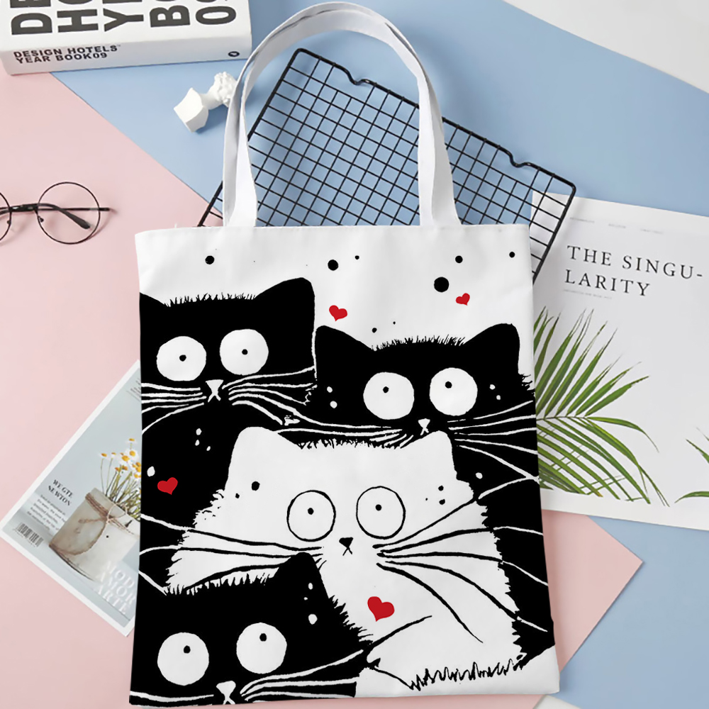 Cute Cat Shopping Grocery Reusable School with Inner Zipper Girl Gift Andeiltech Canvas Tote Bag for Women Aesthetic