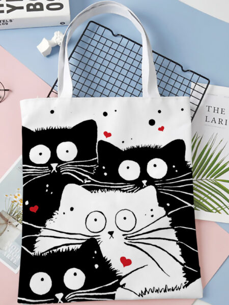 Cute Cat Shopping Grocery Reusable School with Inner Zipper Girl Gift Andeiltech Canvas Tote Bag for Women Aesthetic