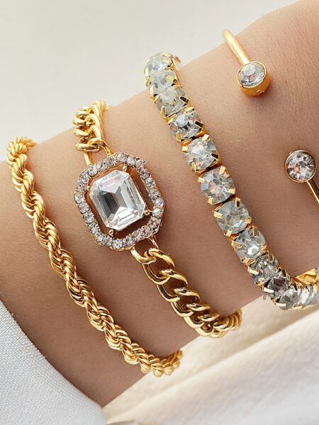 IPARAM 4 Piece Set Luxurious Bracelets for Women Crystal Shiny Adjustable Opening Chain Bracelets Punk Bangle Fashion Jewelry