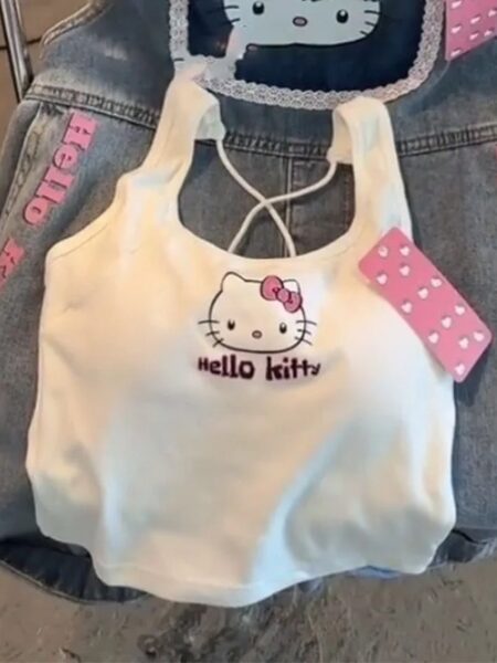 Sanrio Fashion Clothing Hello Kitty 2000 Top with Breast Pad Cute Top Girl Summer Cool Cropped Top White Sexy Suspender Girl Gif