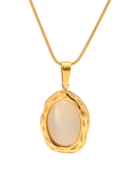 Luxury 18K Gold Plated Stainless Steel Oval Shape White Cat Eye Opal Stone Pendant Necklace Fashion Jewelry