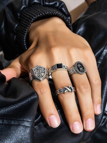 4Pcs Retro Simple Stainless Steel Opening Adjustable Wide Ring Men's Gothic Pattern Metal Ring Casual Jewelry