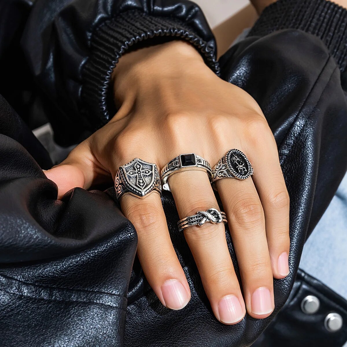 4Pcs Retro Simple Stainless Steel Opening Adjustable Wide Ring Men's Gothic Pattern Metal Ring Casual Jewelry