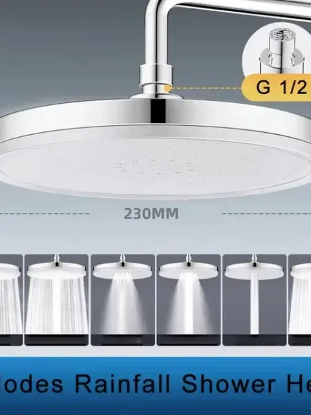 New 6 Modes Rainfall Shower Head Bathroom High Pressure Top Rain Showerheads 360?? Rotation Top Spray Shower Faucet Accessories