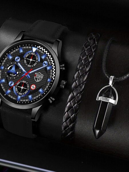 3PCS Set Fashion Mens Sports Bracelet Necklace Watches For Men Business Quartz Wrist Watch Classic Male Casual Leather Watch