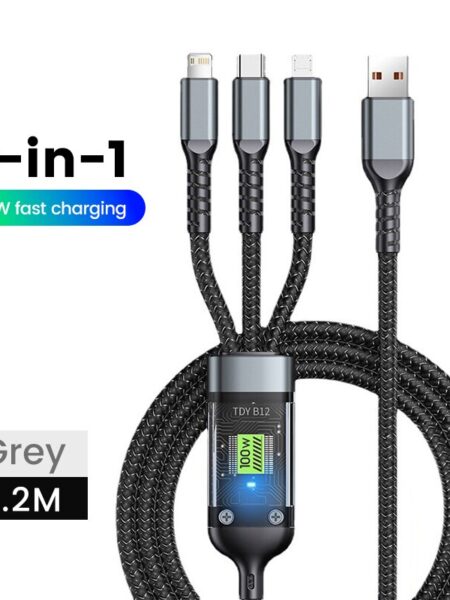 3-in-1 100W 5A Fast Charging USB To Type-C Micro Fast Charger Cable For iPhone 14 13 Samsung Xiaomi Huawei iPhone 14 13